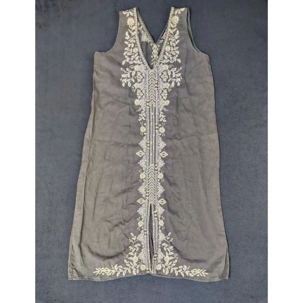 Johnny Was Kemi Embroidered Midi Linen Tank Dress Sz (XL) Taupe Coastal Neutral - Picture 2 of 9